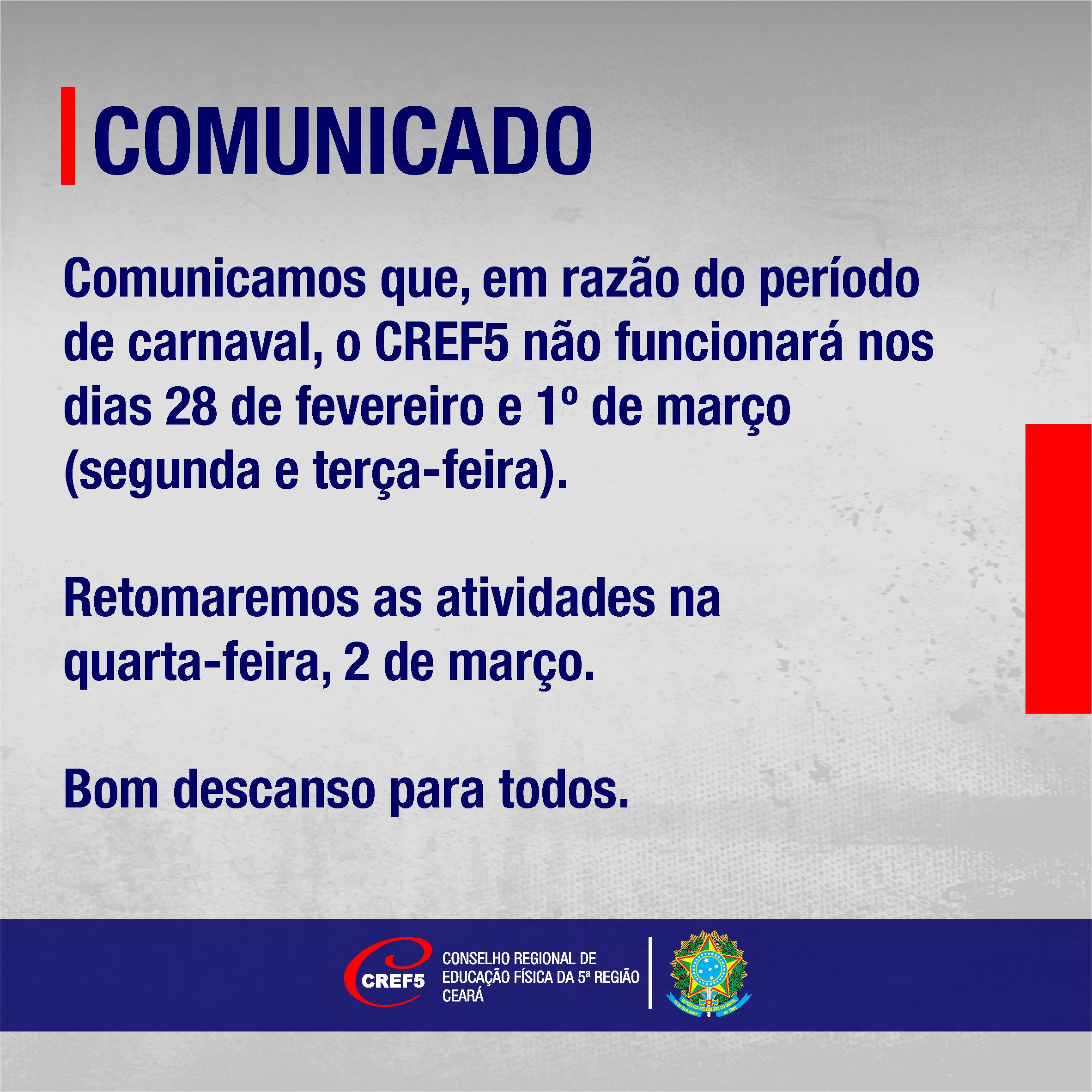 Comunicado sobre o funcionamento do CREF5 no período de carnaval